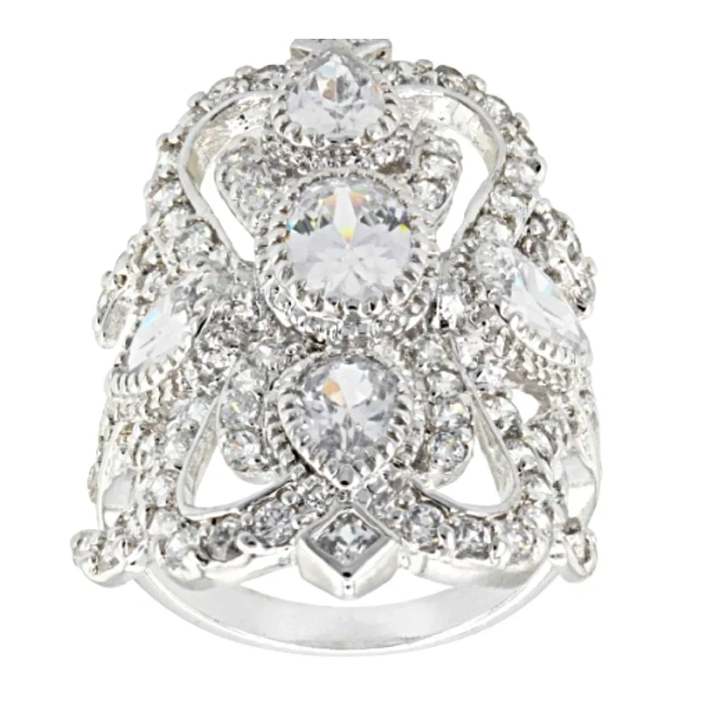 3.8 Carat DEW CZ Cocktail Statement Ring 925 Sterling Silver Rhodium Plated